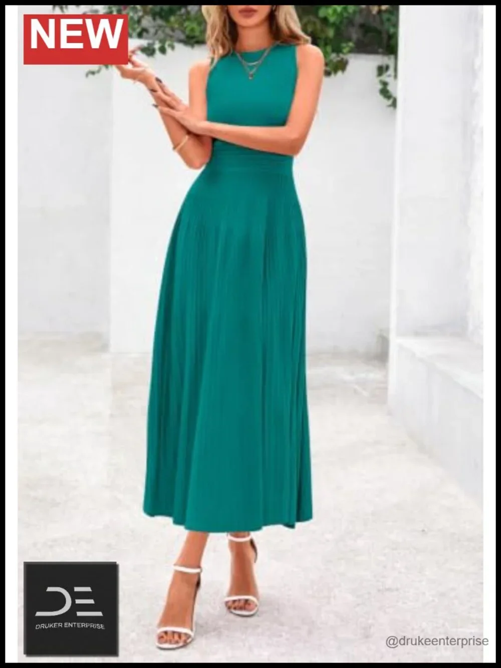 Sleeveless A-Line Midi Cocktail Dress with Pleated Waist